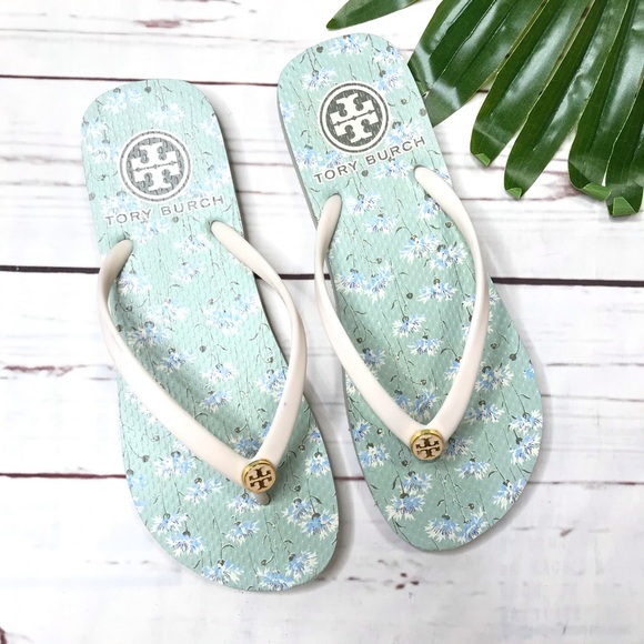 Tory Burch Shoes - • Tory Burch • sz 6.5 mint floral logo flip flop